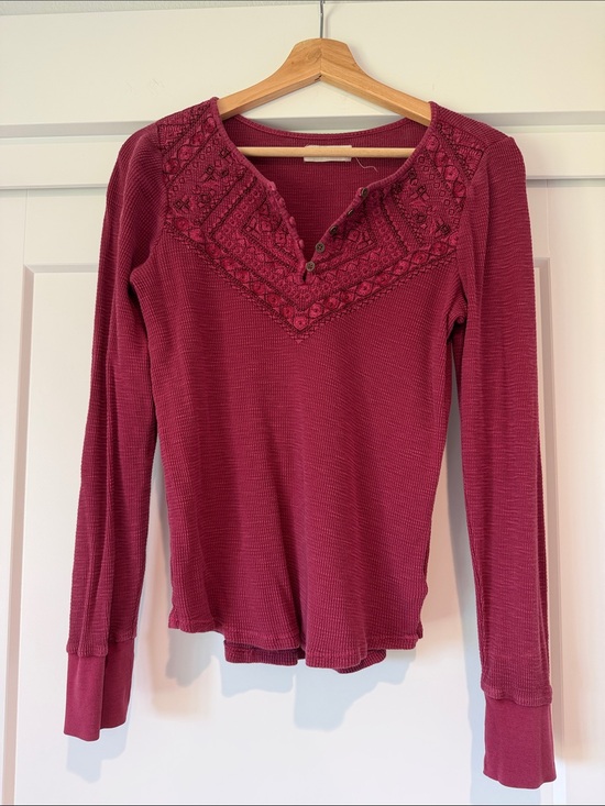 Lucky Brand Tops - Lucky Brand Long Sleeve Henley with Embroidered Yoke - Wine